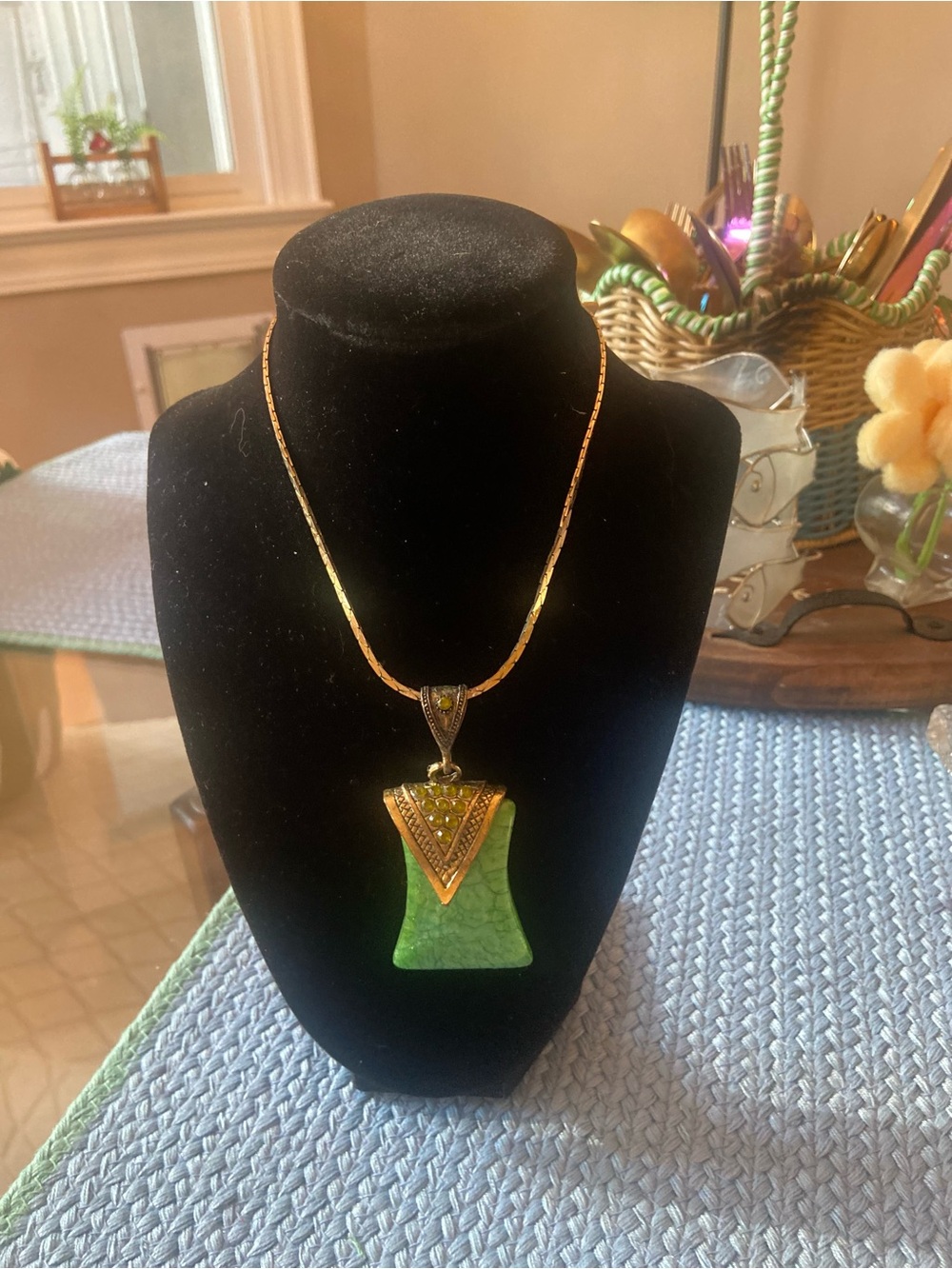 Gold-Tone Necklace with Green Stone Pendant - Women Jewelry